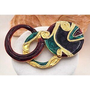 VTG ECD 90s Jewel Tones Circle Gold Tone Enamel Brooch Pin  Abstract Detail Fall